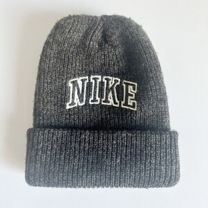 Nike Unisex Vintage 90s Spellout Logo Gray Ribbed Knit Wool Blend Beanie Hat OS